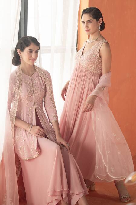 Buy_Summer By Priyanka Gupta_Pink Georgette, Organza Embroidery Round Neck Mirella Jacket Set_Online_at_Aza_Fashions