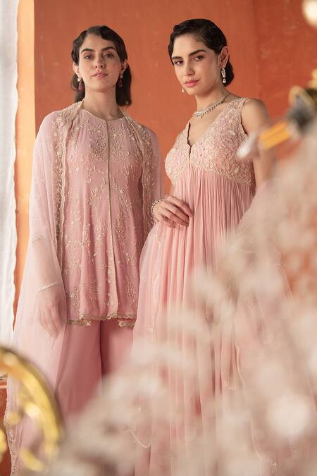 Shop_Summer By Priyanka Gupta_Pink Georgette, Organza Embroidery Round Neck Mirella Jacket Set_Online_at_Aza_Fashions