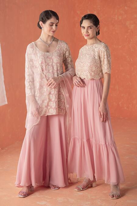 Summer By Priyanka Gupta_Pink Georgette, Organza Embroidery Round Neck Mirella Jacket Set_at_Aza_Fashions