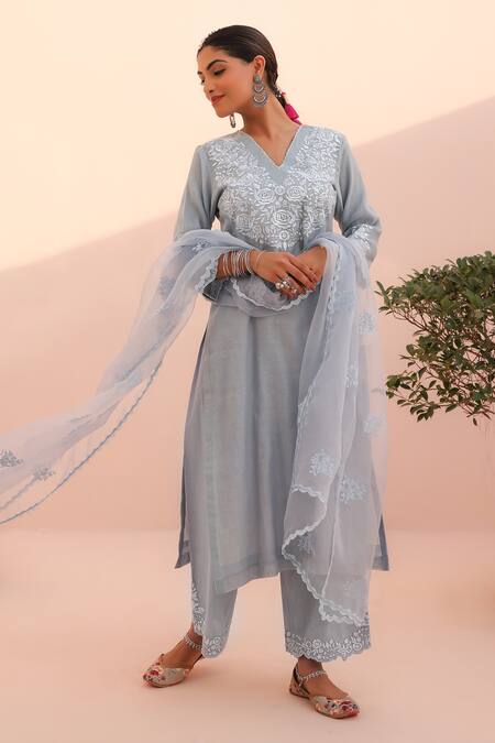 Charu Makkar Blue Chanderi, Tissue, Cotton, Organza Embroidery V-neck Kurta Set Online at Aza Fashions Charu Makkar_Blue Chanderi, Tissue, Cotton, Organza Embroidery V-neck Kurta Set _Online_at_Aza_Fashions