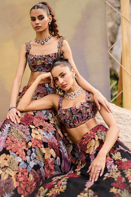 Shop Mishru Multi Color Organza Embroidery Square Neck Marxii Floral Lehenga Set Shop_Mishru_Multi Color Organza Embroidery Square Neck Marxii Floral Lehenga Set