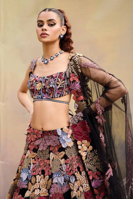 Buy Mishru Multi Color Organza Embroidery Square Neck Marxii Floral Lehenga Set Buy_Mishru_Multi Color Organza Embroidery Square Neck Marxii Floral Lehenga Set