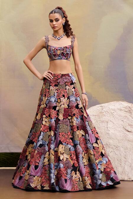 Shop Mishru Multi Color Organza Embroidery Square Neck Marxii Floral Lehenga Set Online at Aza Fashions Shop_Mishru_Multi Color Organza Embroidery Square Neck Marxii Floral Lehenga Set _Online_at_Aza_Fashions