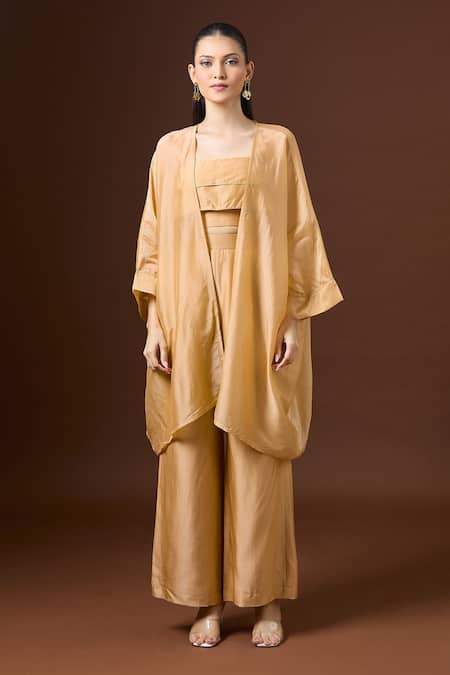 Paulmi And Harsh Beige Silk Square , Open Layered Crop Top And Pant Set Online at Aza Fashions Paulmi And Harsh_Beige Silk Square , Open Layered Crop Top And Pant Set _Online_at_Aza_Fashions