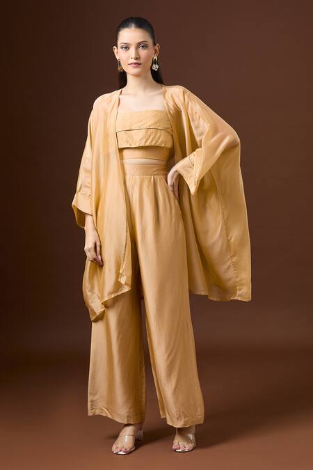 Buy Paulmi And Harsh Beige Silk Square , Open Layered Crop Top And Pant Set Online at Aza Fashions Buy_Paulmi And Harsh_Beige Silk Square , Open Layered Crop Top And Pant Set _Online_at_Aza_Fashions