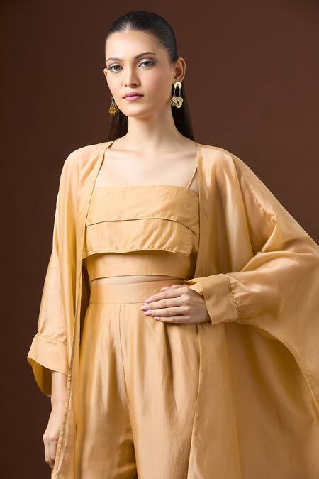 Paulmi And Harsh Beige Silk Square , Open Layered Crop Top And Pant Set at Aza Fashions Paulmi And Harsh_Beige Silk Square , Open Layered Crop Top And Pant Set _at_Aza_Fashions