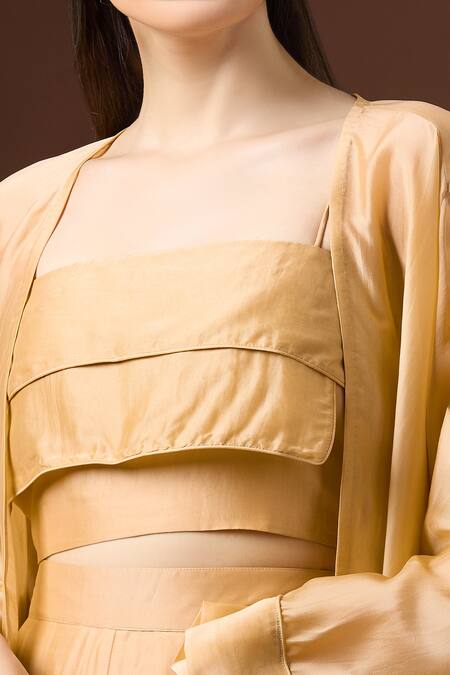 Buy Paulmi And Harsh Beige Silk Square , Open Layered Crop Top And Pant Set Buy_Paulmi And Harsh_Beige Silk Square , Open Layered Crop Top And Pant Set