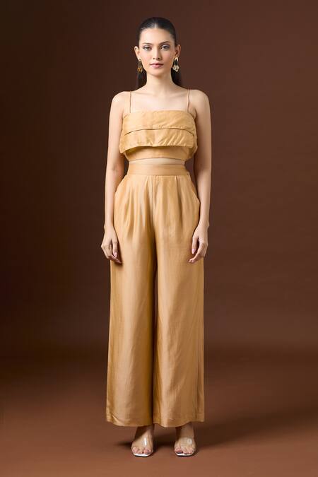 Shop Paulmi And Harsh Beige Silk Square , Open Layered Crop Top And Pant Set Shop_Paulmi And Harsh_Beige Silk Square , Open Layered Crop Top And Pant Set