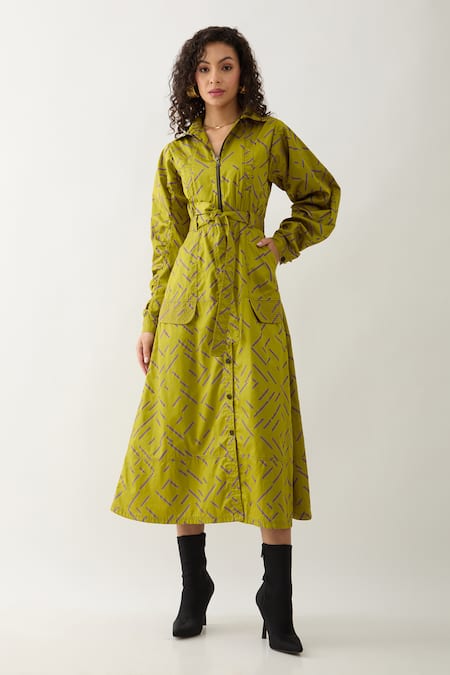 Son of A Noble Snob Green Cotton Satin Collared Leaf Pathway Print Midi Dress 
