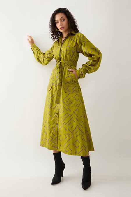 Son Of A Noble Snob Green Cotton Satin Collared Leaf Pathway Print Midi Dress Online at Aza Fashions Son Of A Noble Snob_Green Cotton Satin Collared Leaf Pathway Print Midi Dress _Online_at_Aza_Fashions