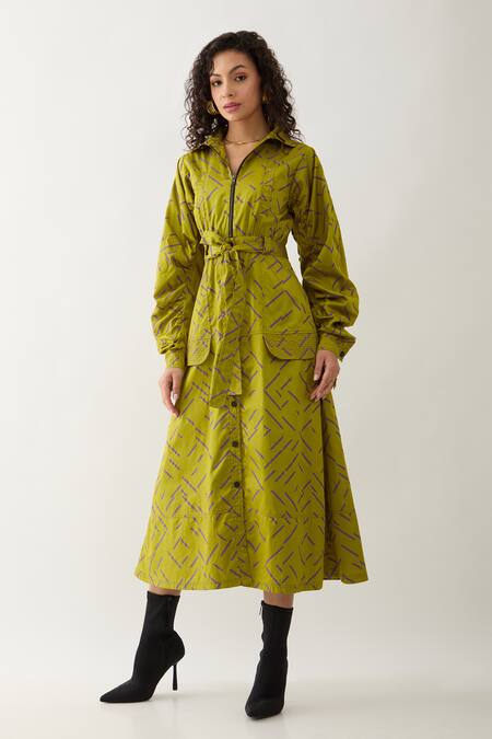 Shop Son Of A Noble Snob Green Cotton Satin Collared Leaf Pathway Print Midi Dress Online at Aza Fashions Shop_Son Of A Noble Snob_Green Cotton Satin Collared Leaf Pathway Print Midi Dress _Online_at_Aza_Fashions