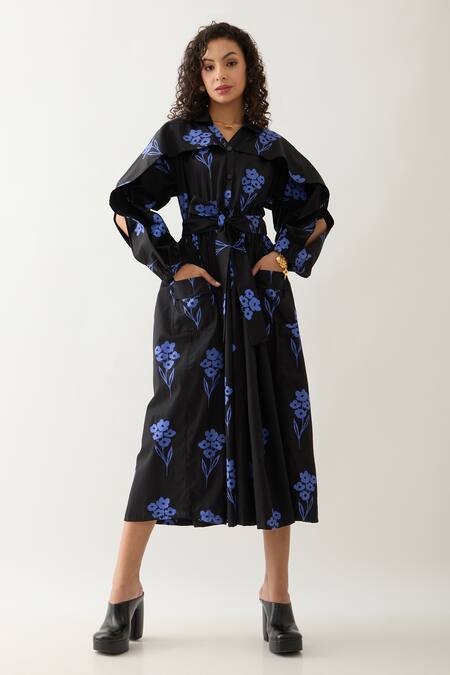 Son Of A Noble Snob Black Cotton Satin Collared Aston Grape Print Midi Dress Online at Aza Fashions Son Of A Noble Snob_Black Cotton Satin Collared Aston Grape Print Midi Dress _Online_at_Aza_Fashions