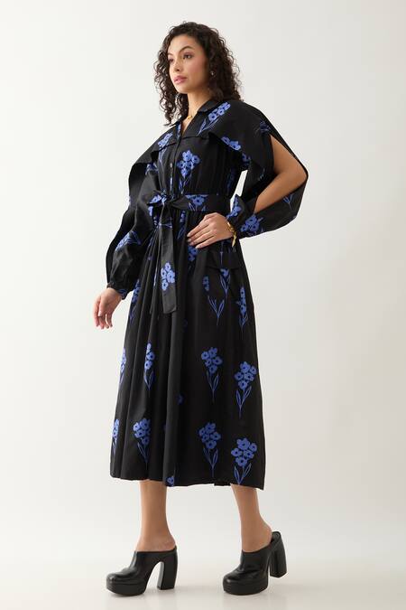 Son Of A Noble Snob Black Cotton Satin Collared Aston Grape Print Midi Dress at Aza Fashions Son Of A Noble Snob_Black Cotton Satin Collared Aston Grape Print Midi Dress _at_Aza_Fashions