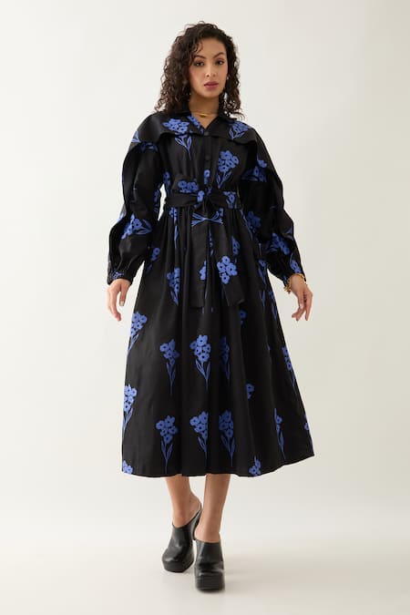 Son of A Noble Snob Black Cotton Satin Collared Aston Grape Print Midi Dress 