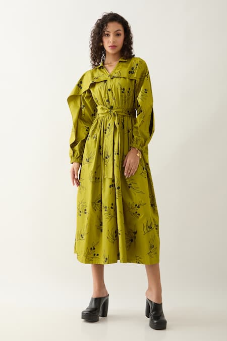 Son of A Noble Snob Green Cotton Satin Collared Leaf Aston Midi Dress 