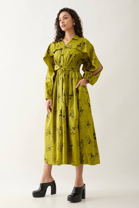Son Of A Noble Snob_Green Cotton Satin Collared Leaf Aston Midi Dress _Online_at_Aza_Fashions