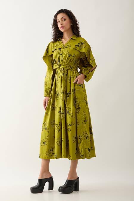Buy_Son Of A Noble Snob_Green Cotton Satin Collared Leaf Aston Midi Dress _Online_at_Aza_Fashions
