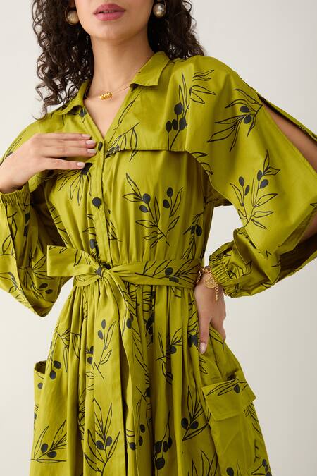 Shop_Son Of A Noble Snob_Green Cotton Satin Collared Leaf Aston Midi Dress _Online_at_Aza_Fashions