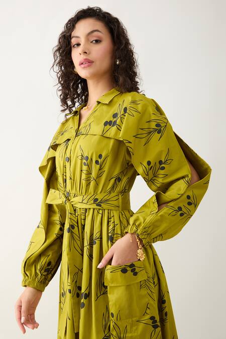 Buy_Son Of A Noble Snob_Green Cotton Satin Collared Leaf Aston Midi Dress 