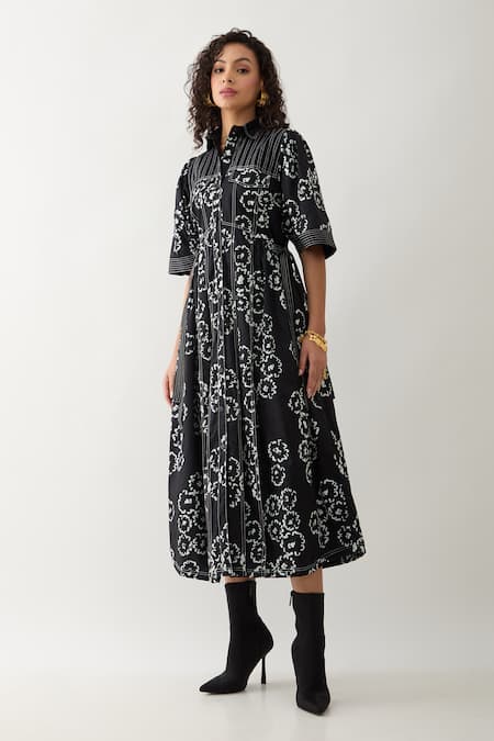 Son Of A Noble Snob_Black Cotton Satin Collared Bolder Anther Print Midi Dress _Online_at_Aza_Fashions