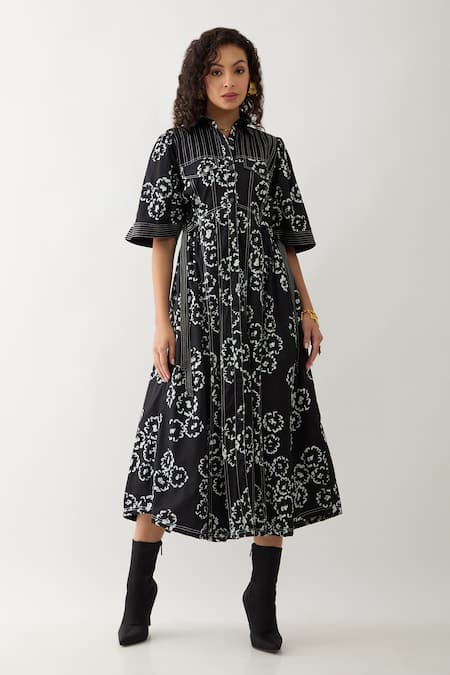 Son of A Noble Snob Black Cotton Satin Collared Bolder Anther Print Midi Dress 