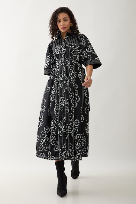 Buy_Son Of A Noble Snob_Black Cotton Satin Collared Bolder Anther Print Midi Dress _Online_at_Aza_Fashions