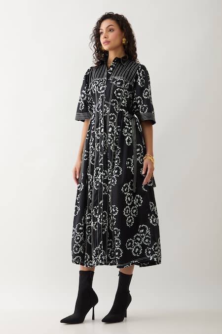 Shop_Son Of A Noble Snob_Black Cotton Satin Collared Bolder Anther Print Midi Dress _Online_at_Aza_Fashions