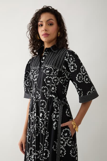 Son Of A Noble Snob_Black Cotton Satin Collared Bolder Anther Print Midi Dress _at_Aza_Fashions