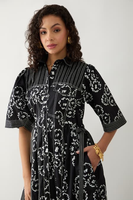 Buy_Son Of A Noble Snob_Black Cotton Satin Collared Bolder Anther Print Midi Dress 