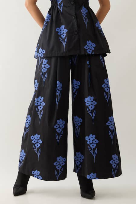 Son Of A Noble Snob_Black Cotton Satin Collared And Blue Farm Print Pant Set _Online_at_Aza_Fashions