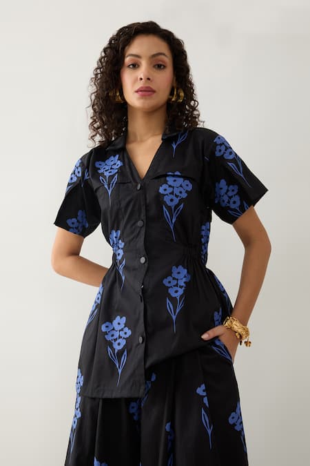 Buy_Son Of A Noble Snob_Black Cotton Satin Collared And Blue Farm Print Pant Set _Online_at_Aza_Fashions