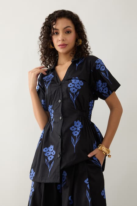 Shop_Son Of A Noble Snob_Black Cotton Satin Collared And Blue Farm Print Pant Set _Online_at_Aza_Fashions