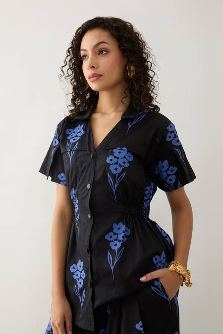 Son Of A Noble Snob_Black Cotton Satin Collared And Blue Farm Print Pant Set _at_Aza_Fashions