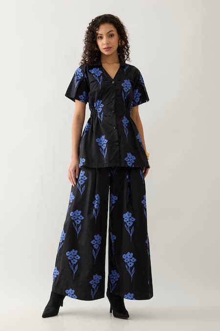 Buy_Son Of A Noble Snob_Black Cotton Satin Collared And Blue Farm Print Pant Set 