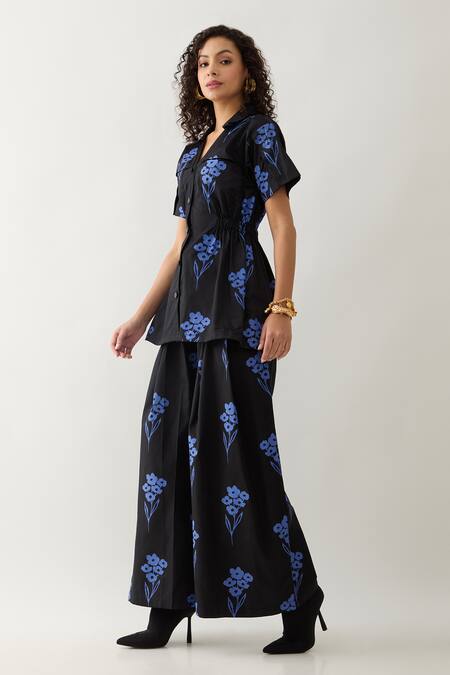 Shop_Son Of A Noble Snob_Black Cotton Satin Collared And Blue Farm Print Pant Set 