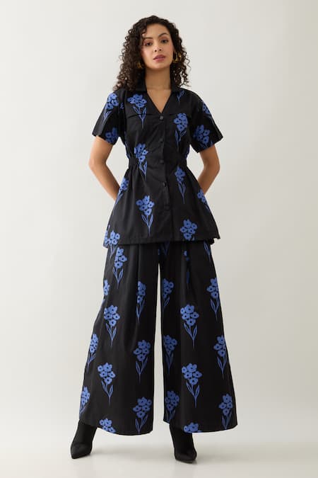 Son of A Noble Snob Black Cotton Satin Collared And Blue Farm Print Pant Set 