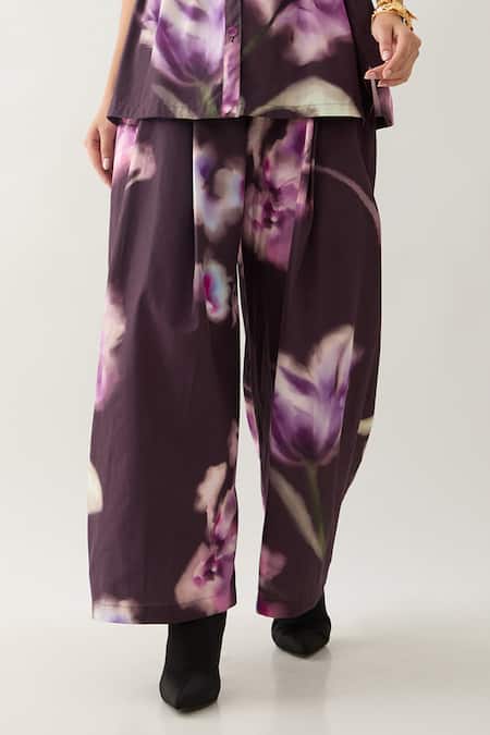 Son Of A Noble Snob Purple Cotton Satin Collared Bloom Print Co-ord Set Online at Aza Fashions Son Of A Noble Snob_Purple Cotton Satin Collared Bloom Print Co-ord Set _Online_at_Aza_Fashions