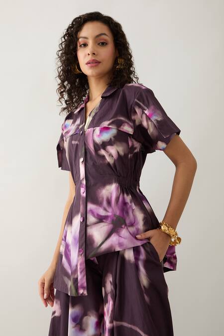 Shop Son Of A Noble Snob Purple Cotton Satin Collared Bloom Print Co-ord Set Online at Aza Fashions Shop_Son Of A Noble Snob_Purple Cotton Satin Collared Bloom Print Co-ord Set _Online_at_Aza_Fashions