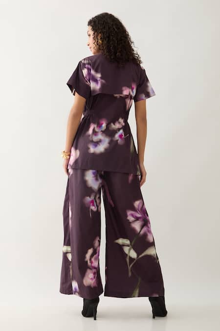 Shop Son Of A Noble Snob Purple Cotton Satin Collared Bloom Print Co-ord Set at Aza Fashions Shop_Son Of A Noble Snob_Purple Cotton Satin Collared Bloom Print Co-ord Set _at_Aza_Fashions