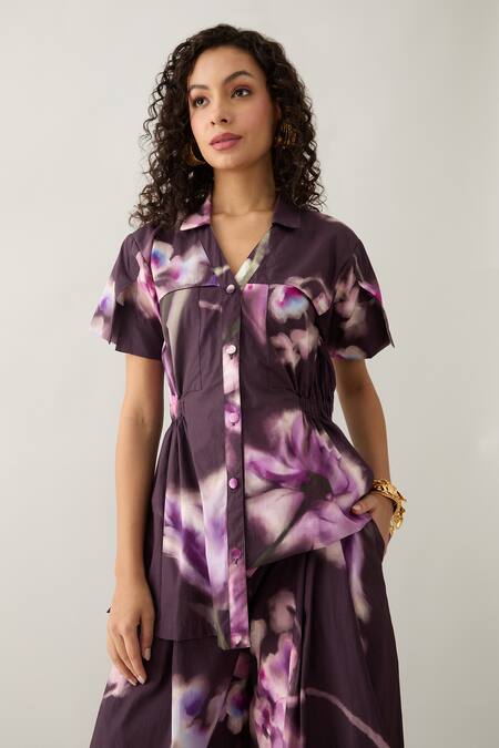 Buy Son Of A Noble Snob Purple Cotton Satin Collared Bloom Print Co-ord Set Buy_Son Of A Noble Snob_Purple Cotton Satin Collared Bloom Print Co-ord Set