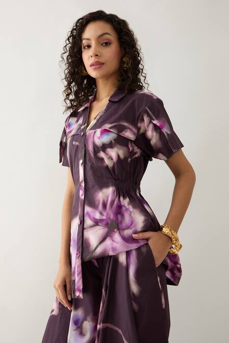 Shop Son Of A Noble Snob Purple Cotton Satin Collared Bloom Print Co-ord Set Shop_Son Of A Noble Snob_Purple Cotton Satin Collared Bloom Print Co-ord Set