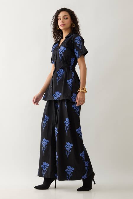 Son Of A Noble Snob_Blue Cotton Satin Collared Floral Print Relaxed Fit Shirt _Online_at_Aza_Fashions