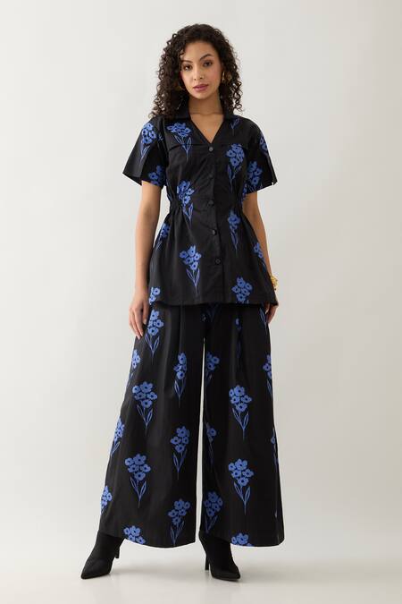 Buy_Son Of A Noble Snob_Blue Cotton Satin Collared Floral Print Relaxed Fit Shirt _Online_at_Aza_Fashions