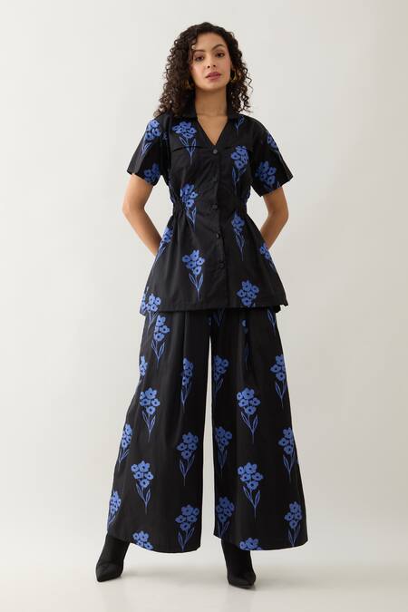 Shop_Son Of A Noble Snob_Blue Cotton Satin Collared Floral Print Relaxed Fit Shirt _Online_at_Aza_Fashions