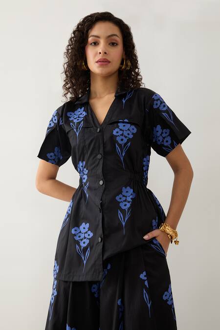 Son Of A Noble Snob_Blue Cotton Satin Collared Floral Print Relaxed Fit Shirt _at_Aza_Fashions