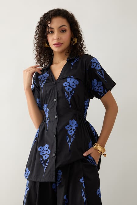 Buy_Son Of A Noble Snob_Blue Cotton Satin Collared Floral Print Relaxed Fit Shirt 