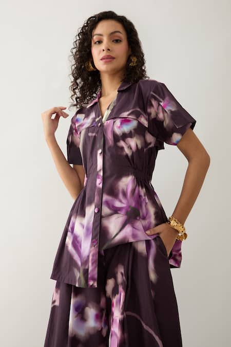Son Of A Noble Snob Purple Cotton Satin Collared Haze Floral Print Shirt Online at Aza Fashions Son Of A Noble Snob_Purple Cotton Satin Collared Haze Floral Print Shirt _Online_at_Aza_Fashions