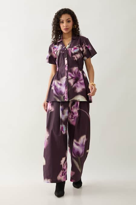 Shop Son Of A Noble Snob Purple Cotton Satin Collared Haze Floral Print Shirt Online at Aza Fashions Shop_Son Of A Noble Snob_Purple Cotton Satin Collared Haze Floral Print Shirt _Online_at_Aza_Fashions