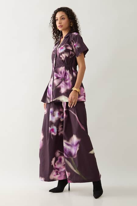 Son Of A Noble Snob Purple Cotton Satin Collared Haze Floral Print Shirt at Aza Fashions Son Of A Noble Snob_Purple Cotton Satin Collared Haze Floral Print Shirt _at_Aza_Fashions