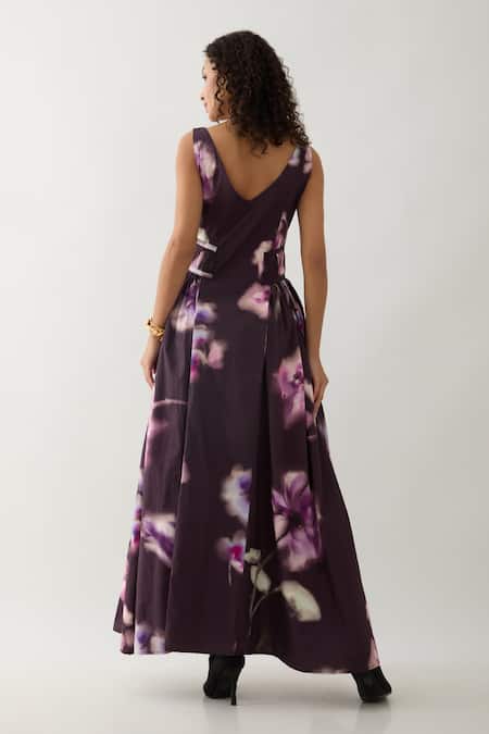 Shop Son Of A Noble Snob Purple Cotton Satin V-neck Floral Maxi Dress at Aza Fashions Shop_Son Of A Noble Snob_Purple Cotton Satin V-neck Floral Maxi Dress _at_Aza_Fashions
